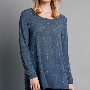 💙 VOCAL HIGH LO BLUE EMBELLISHED TUNIC WITH RELAXED FIT & LONG SLEEVES 💙
